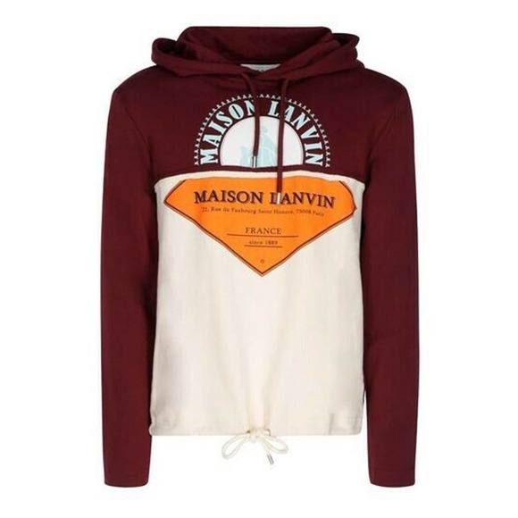 NWT LANVIN Paris Cotton Hoodie Men Maison Logo Print sweatshirt Large Garnet Red - Picture 5 of 9